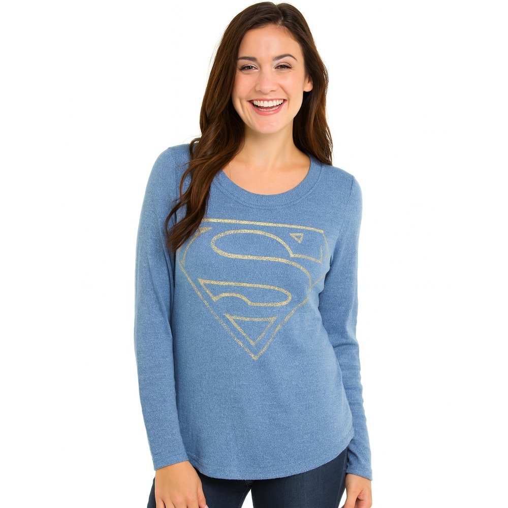 Superman DC Comics‎ Pullover Top Medium Blue Long Sleeve Gold Logo Graphic Tee